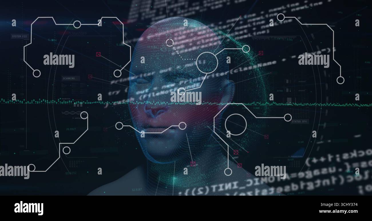 Displaying head model projecting hex code and circuit diagrams in holographic interface, copy space Stock Photo