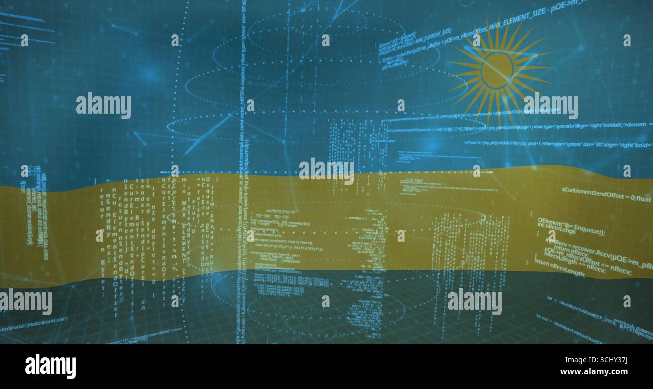Displaying floating code streams above grid floor, with translucent yellow band and styled sun icon Stock Photo