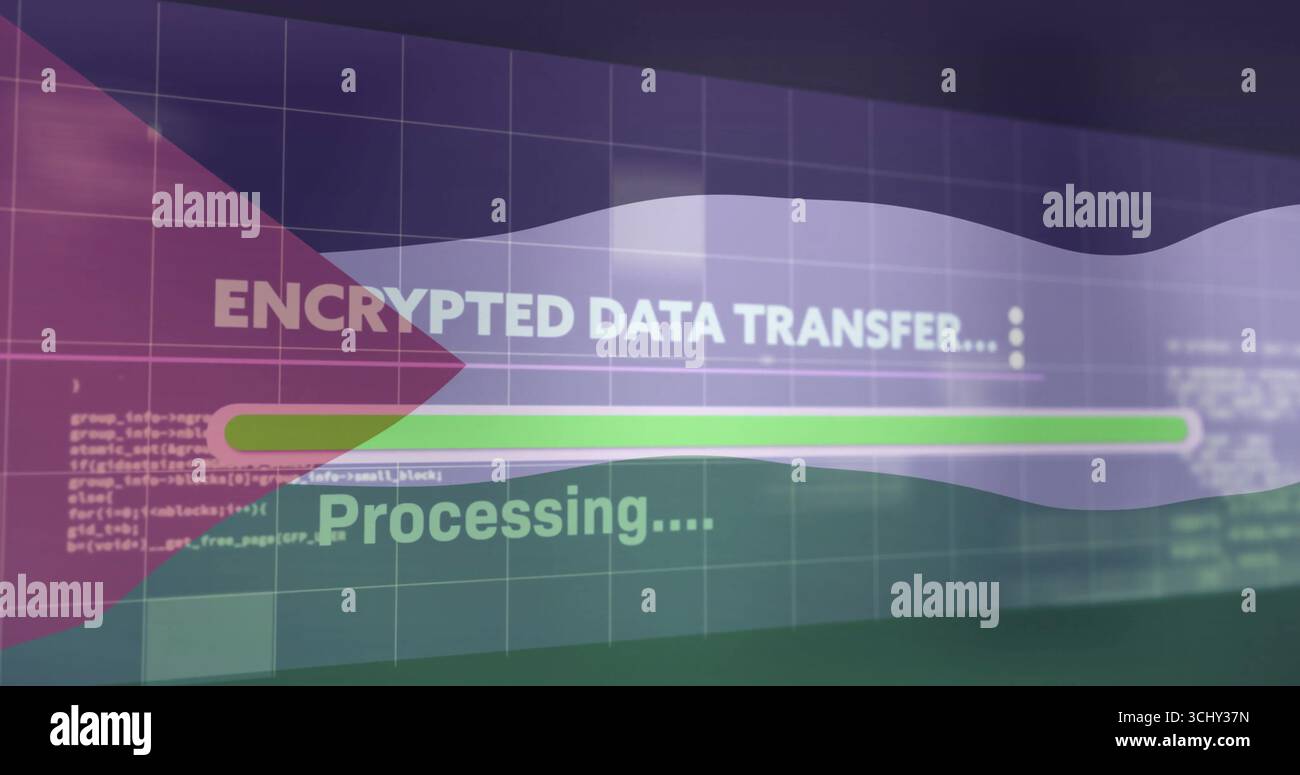Interface displaying encrypted data transfer processing on screen, with green progress bar and grid Stock Photo