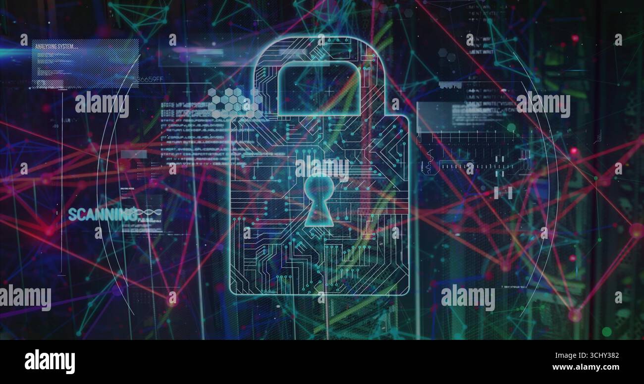 Displaying circuit padlock icon glowing in data center, scanning code snippets on neon nodes Stock Photo