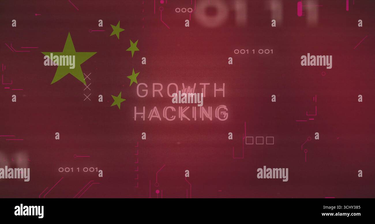 Displaying glitchy GROWTH HACKING text on digital dashboard, with green stars and binary code Stock Photo