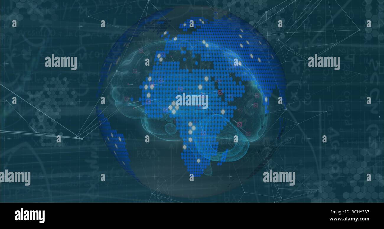Displaying globe featuring neural network brain in digital interface, with network nodes and grid Stock Photo