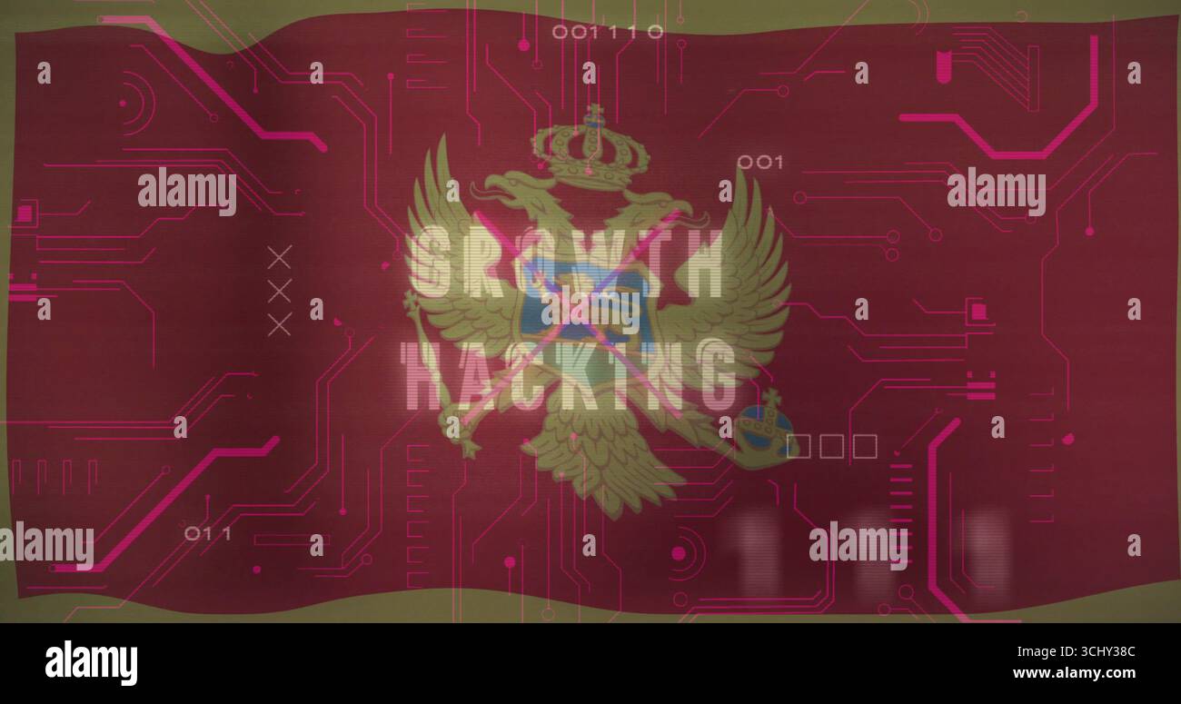Two-headed eagle crest and shield glowing in digital interface, with magenta circuits, binary code Stock Photo