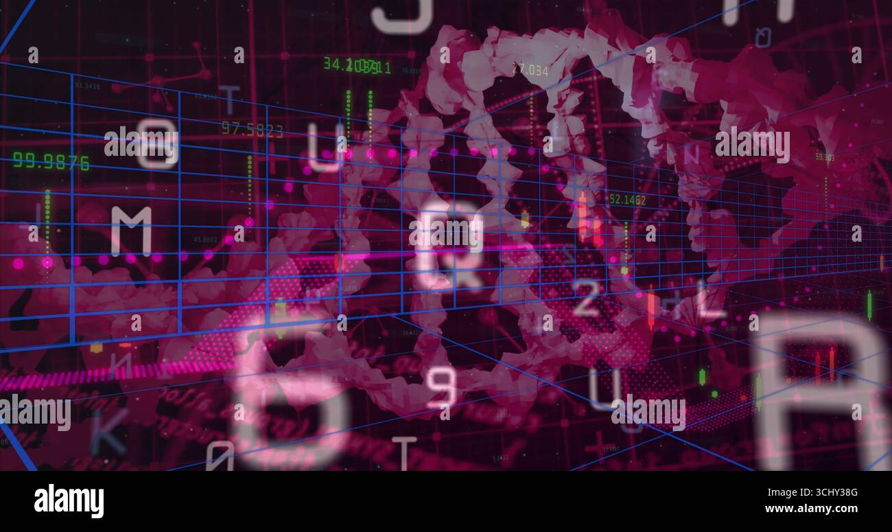 Rendering stylized DNA helix rotating in virtual lab, with floating characters and candlestick bars Stock Photo