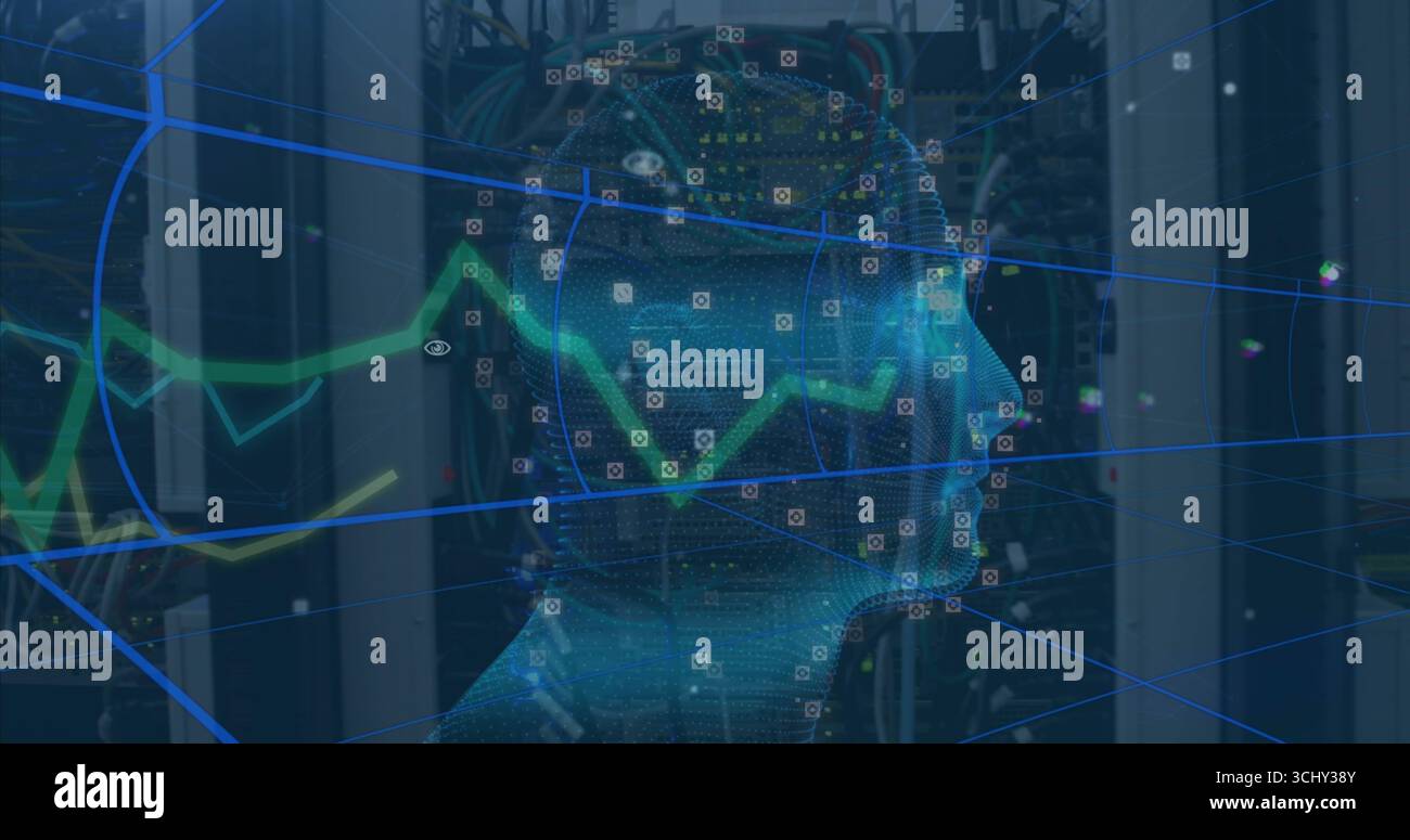 Displaying wireframe head hologram rotating in server room, with network cables and data nodes Stock Photo