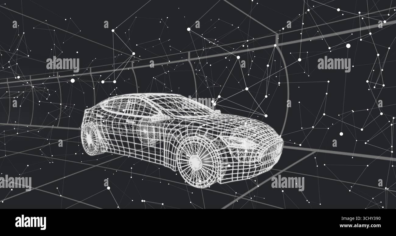 Floating wireframe sedan model in virtual network space, with interconnected nodes and thin lines Stock Photo