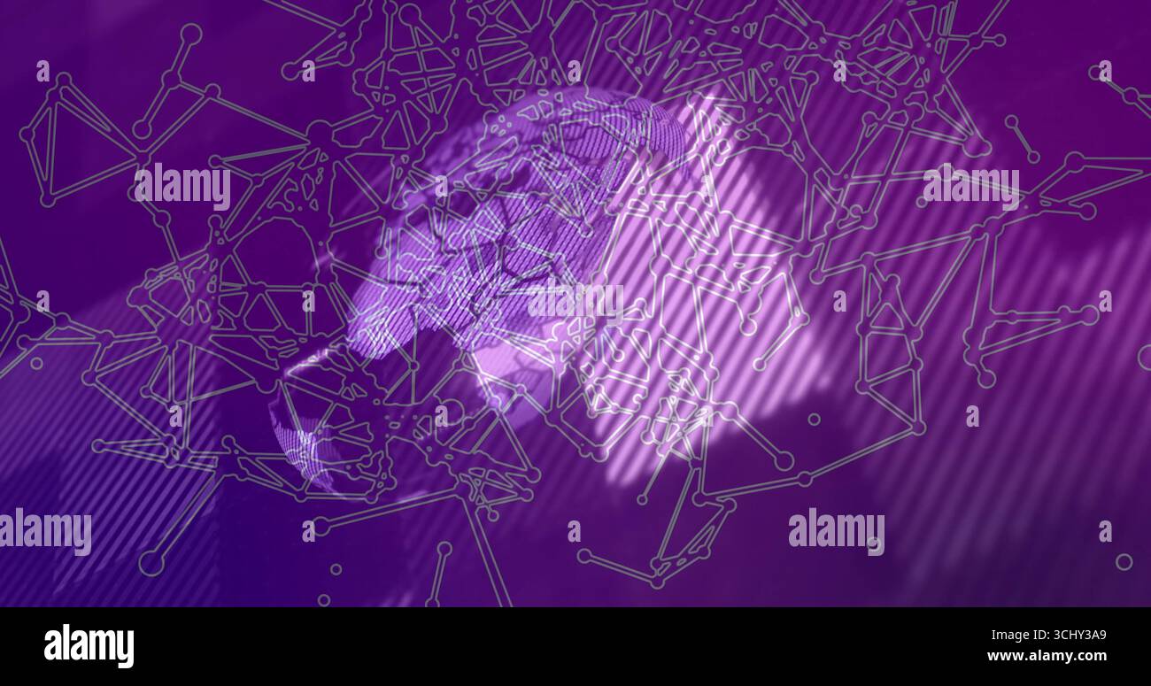 Visualizing brain mesh rotating on purple background with network nodes and diagonal light stripes Stock Photo