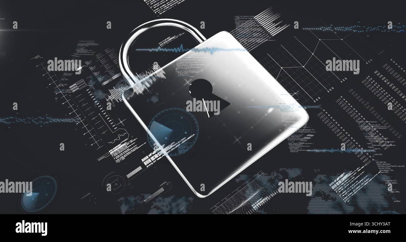 Floating metallic padlock glowing over virtual interface, featuring code snippets, waveform graphs Stock Photo