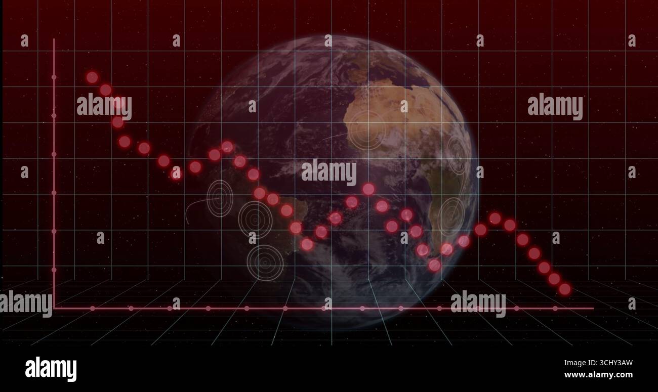 Displaying Earth globe showing falling red line graph in grid interface, with target markers Stock Photo