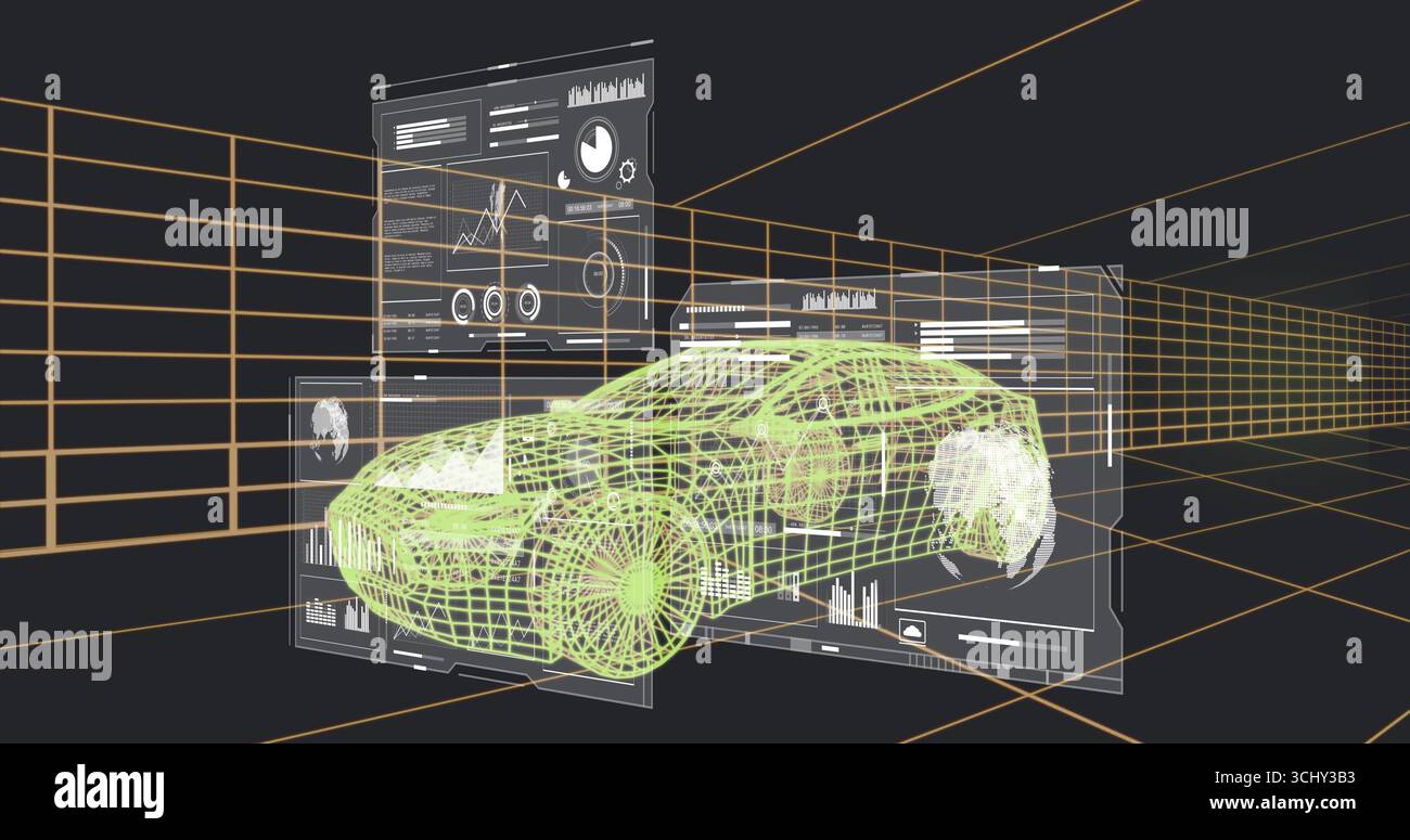 Displaying green wireframe car model hovering in 3D design lab, floating data panels, orange grid Stock Photo