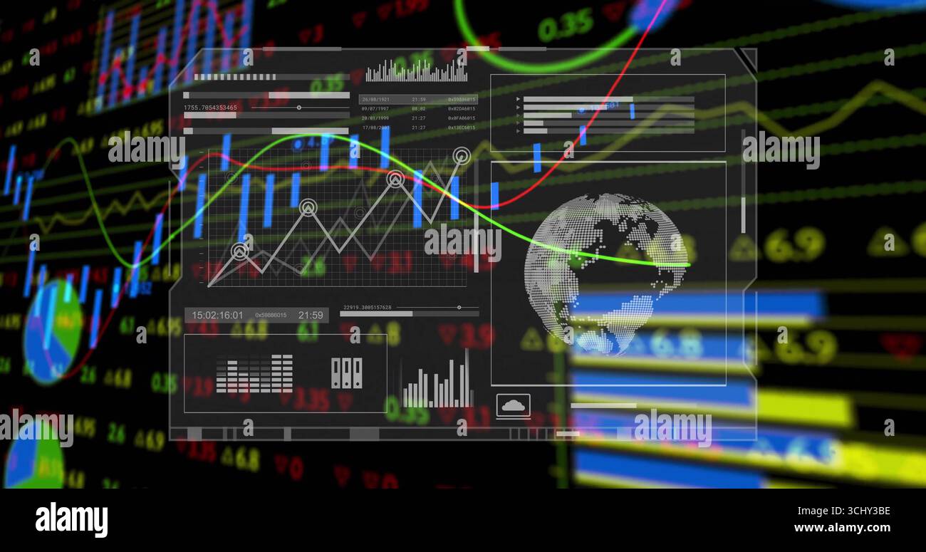 Displaying dashboard hovering in digital hub, with candlestick chart line graph and globe icon Stock Photo