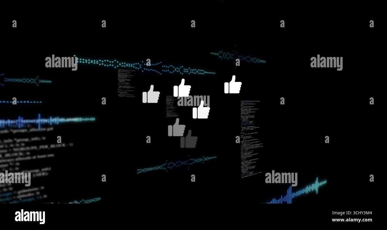 Displaying clustered thumbs-up icons floating over code snippet screen, with waveform visualization Stock Photo