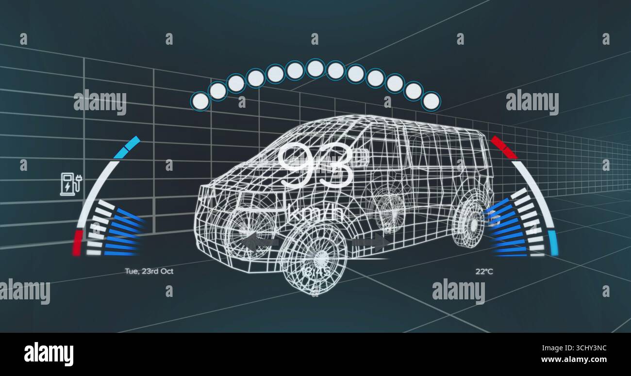 Displaying 3D wireframe van rotating within dashboard display, with 93 km or h speed readout Stock Photo