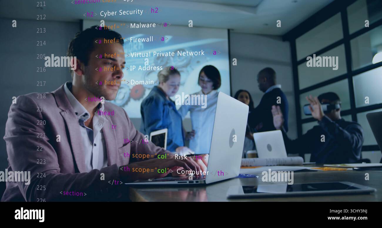 Typing man in blazer using silver laptop at conference table, with code projection, copy space Stock Photo