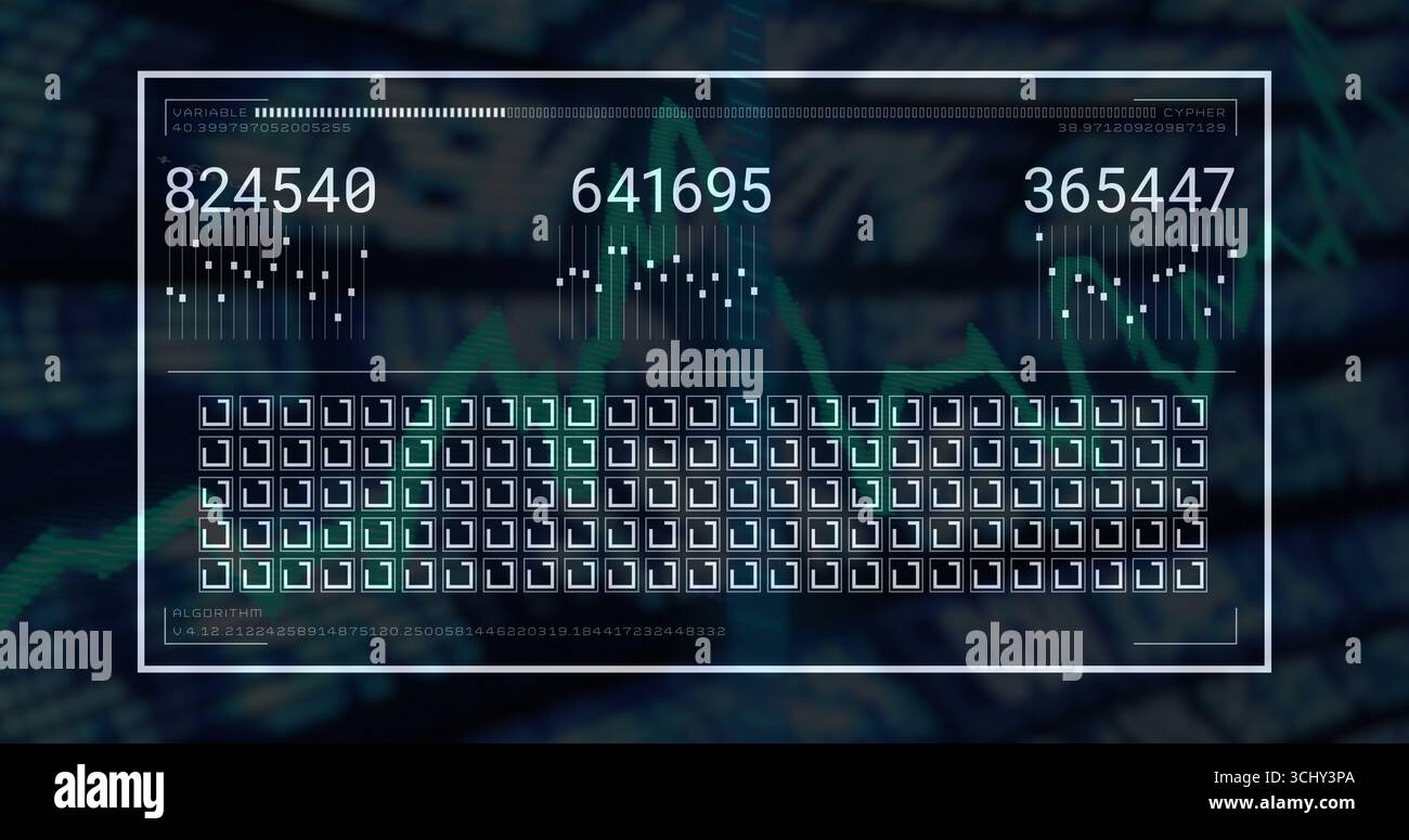 Displaying white-framed UI updating numeric readouts on screen, with icon grid and algorithm data Stock Photo