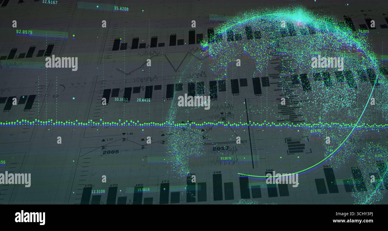 Displaying digital data globe rotating within virtual data dashboard, with chart overlays Stock Photo