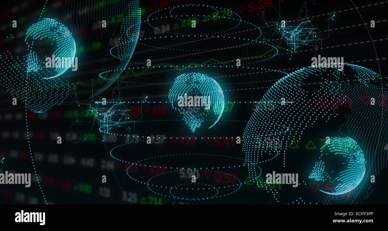 Floating point-cloud globe rotating above holographic dashboard, with ticker data and network nodes Stock Photo