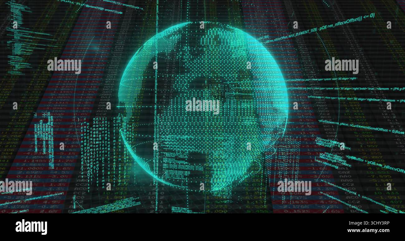 Floating holographic wireframe globe rotating over digital interface with code and red grid Stock Photo