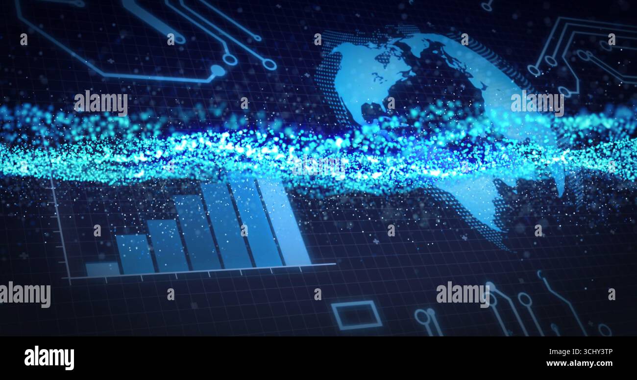 Displaying grid overlay, bar chart, Americas map in interface, showing blue particle data stream Stock Photo