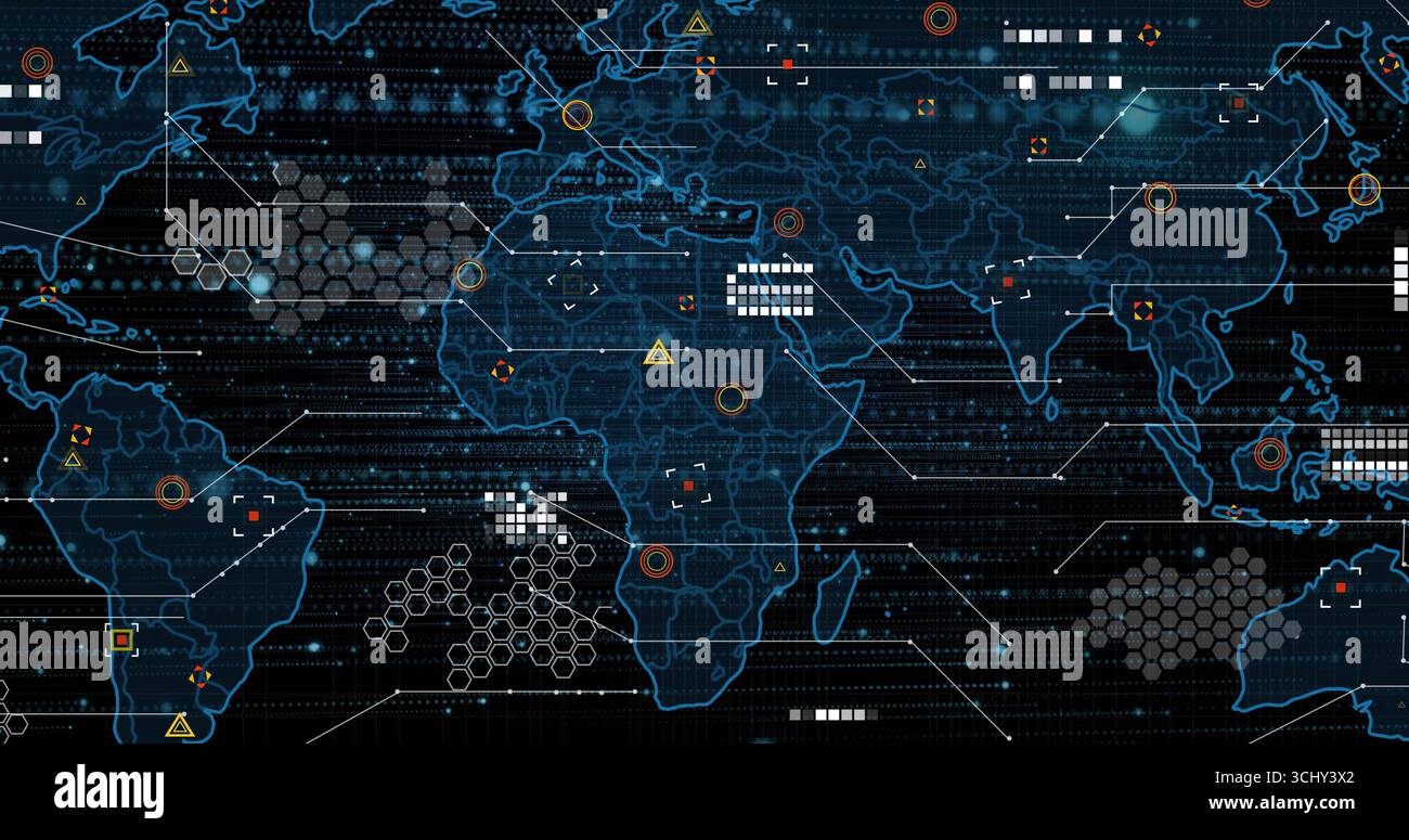 Displaying world map overlay in UI, featuring hex clusters, connector lines and binary streams Stock Photo