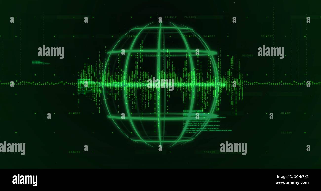 Displaying green wireframe globe in HUD overlaying waveform stream, code fragments and grid lines Stock Photo