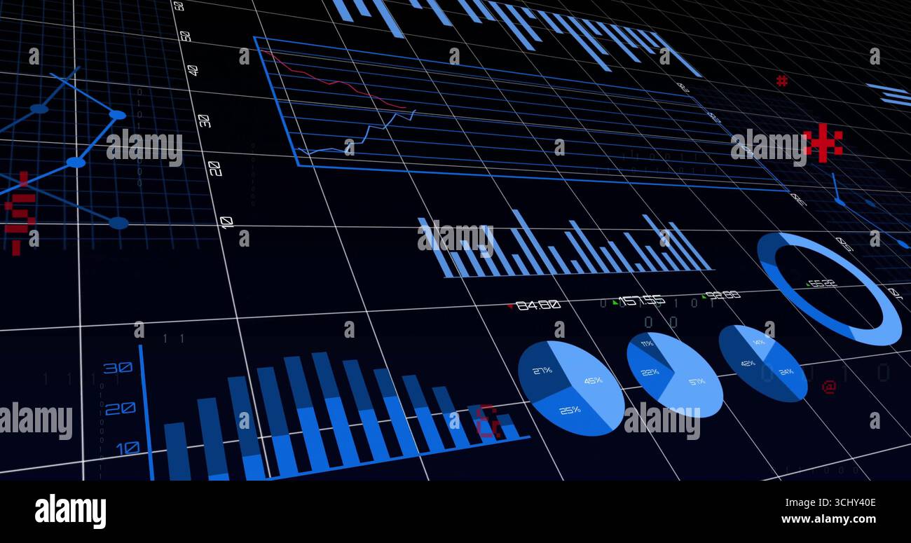Displaying data visualization on dark 3D grid dashboard, with bar charts, pie charts, line graphs Stock Photo