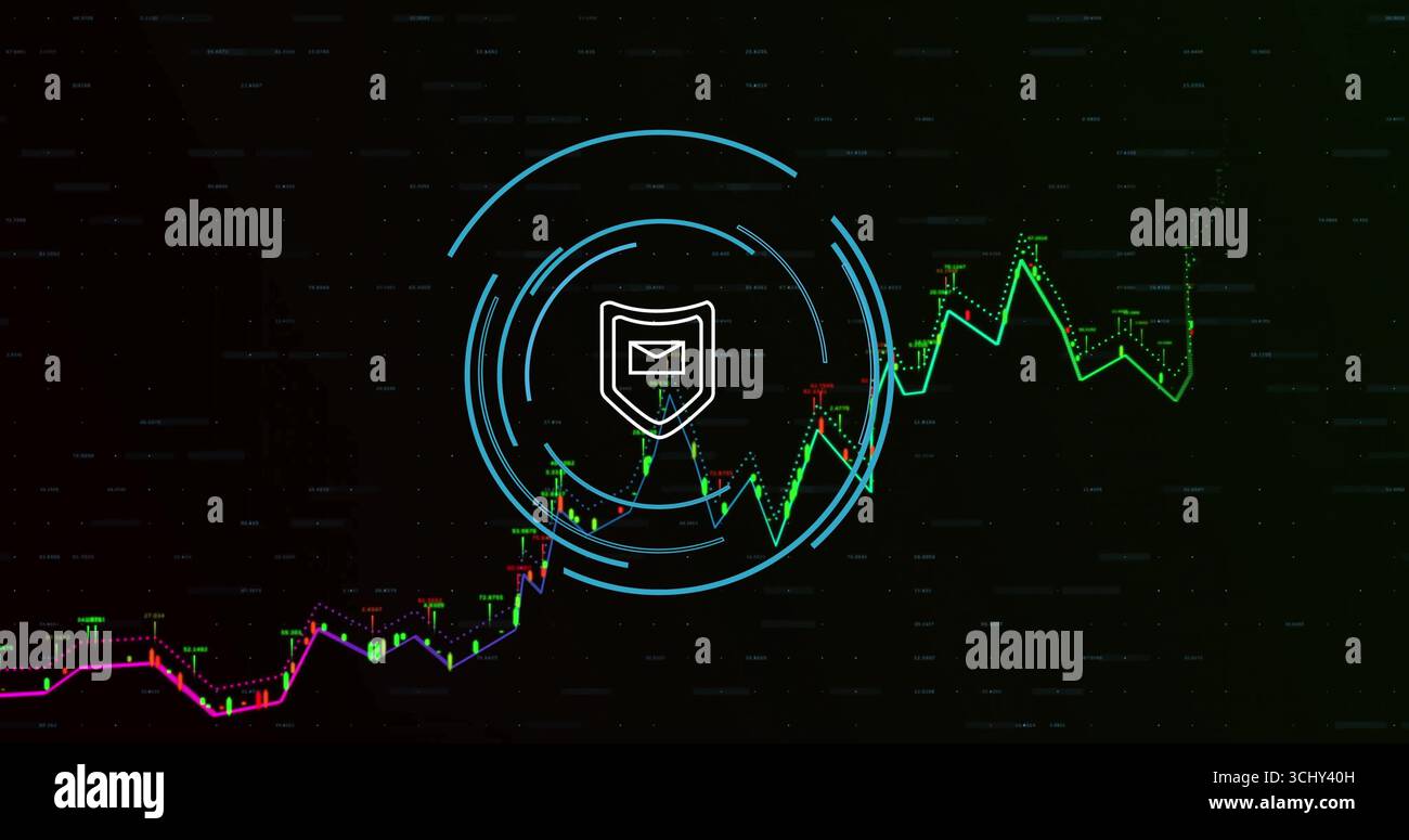 Presenting shield envelope icon floating in dark code interface, with zigzag graph and blue circles Stock Photo