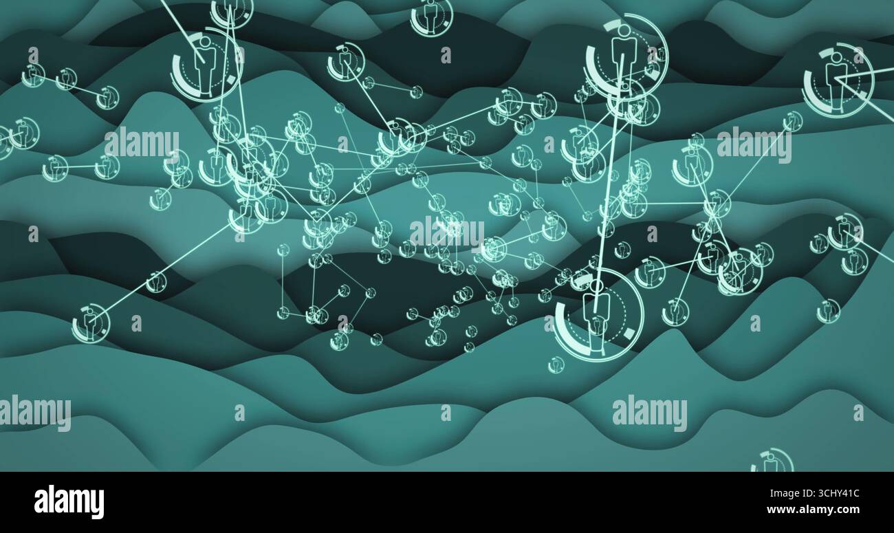 Displaying network of human-icon nodes linking via glowing lines in digital space with wave layers Stock Photo