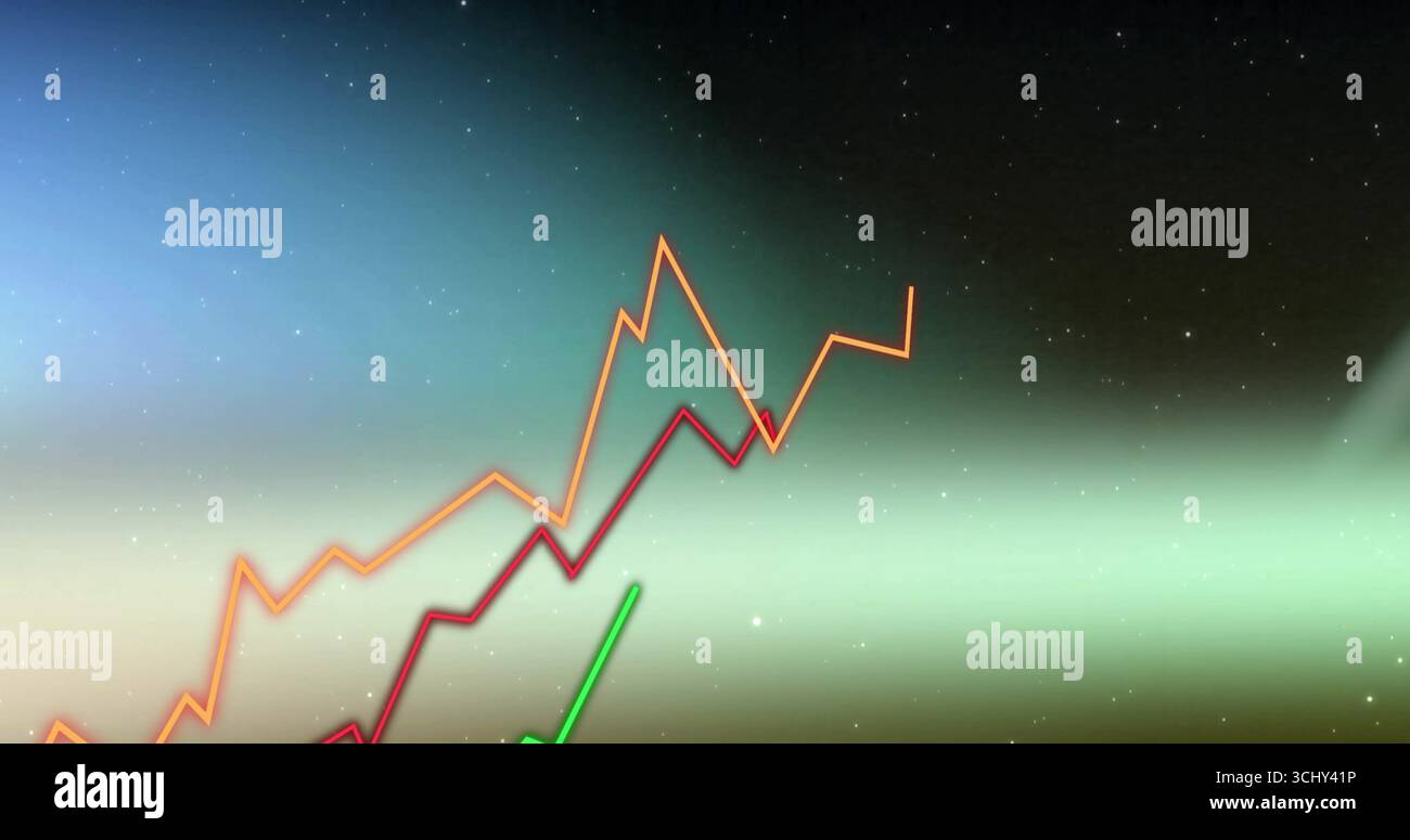 Displaying jagged orange red green lines rising and falling on cosmic backdrop, data analytics Stock Photo