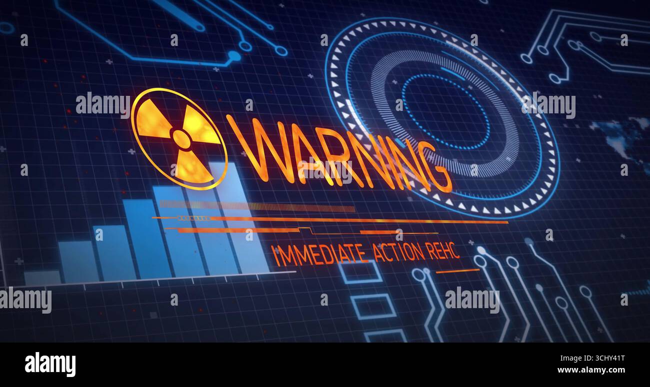 Showing interface in sci fi command center, with WARNING, orange ...