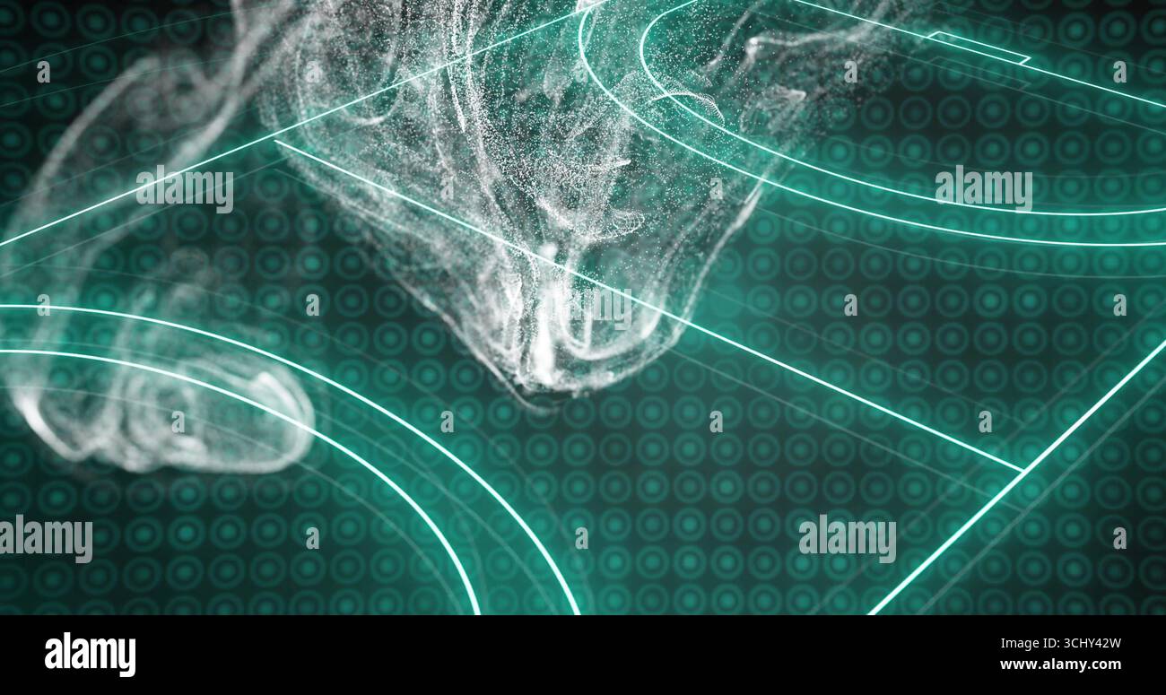 Emanating white particle cloud swirling over virtual grid, with teal-green rectangular shapes Stock Photo