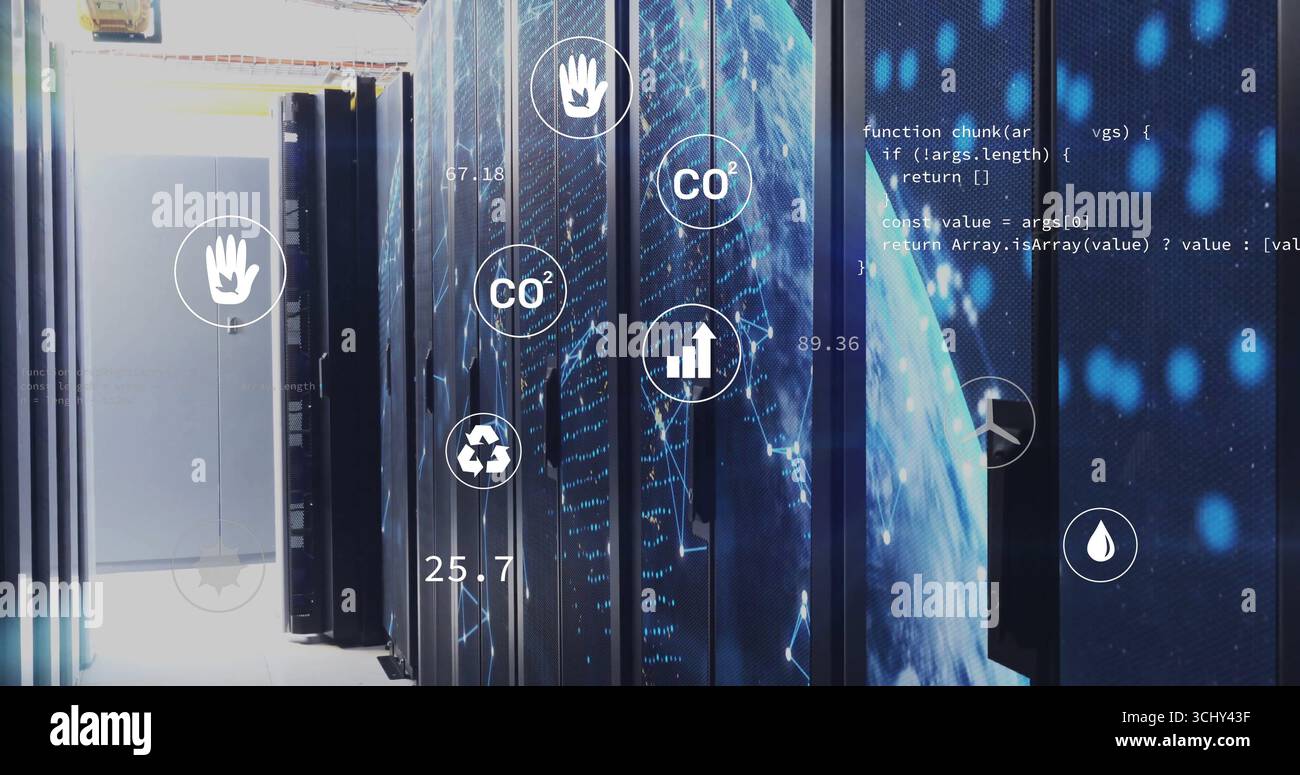 Displaying server cabinets lining data center hallway, overlaid with icons and JavaScript code Stock Photo