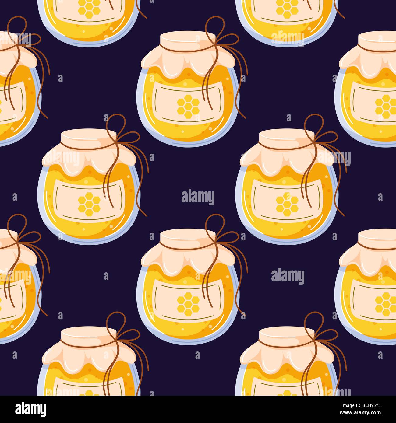 Seamless pattern with jar of honey on dark background in cartoon style. Stock Vector