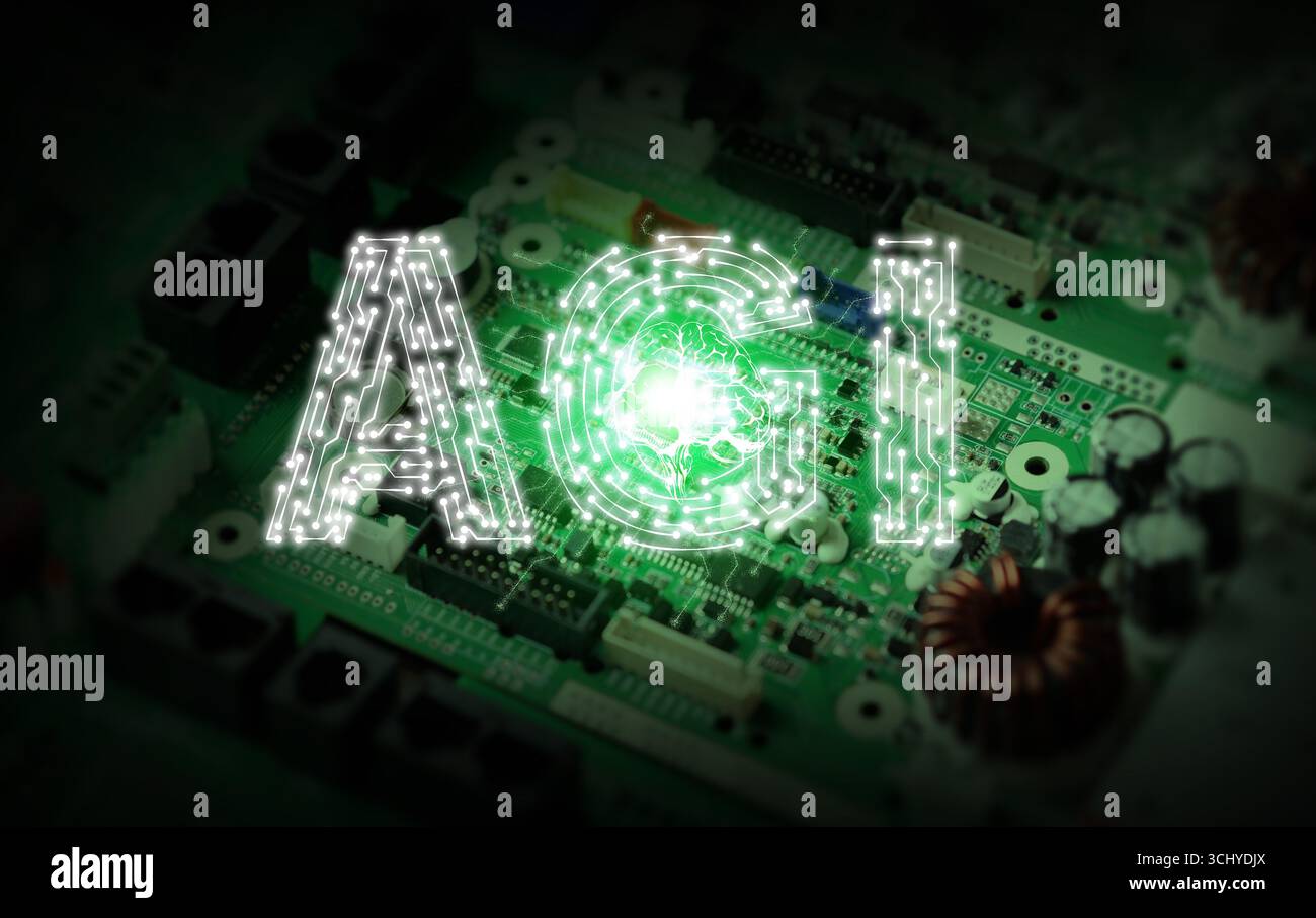 Futuristic AGI concept with glowing circuit letters on motherboard, symbolizing human-like intelligence, consciousness, self-awareness, and the philos Stock Photo