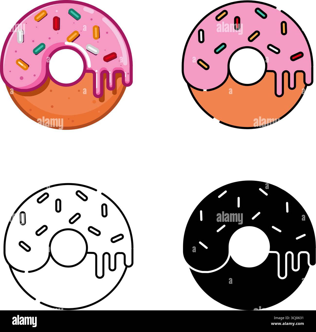 Set Of Icon Donut Vector In Outline, Silhouette, Flat and Realistic ...