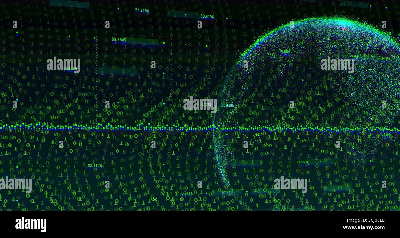 Emerging digital globe forming green dots in cyberspace with binary digits, data labels, copy space Stock Photo