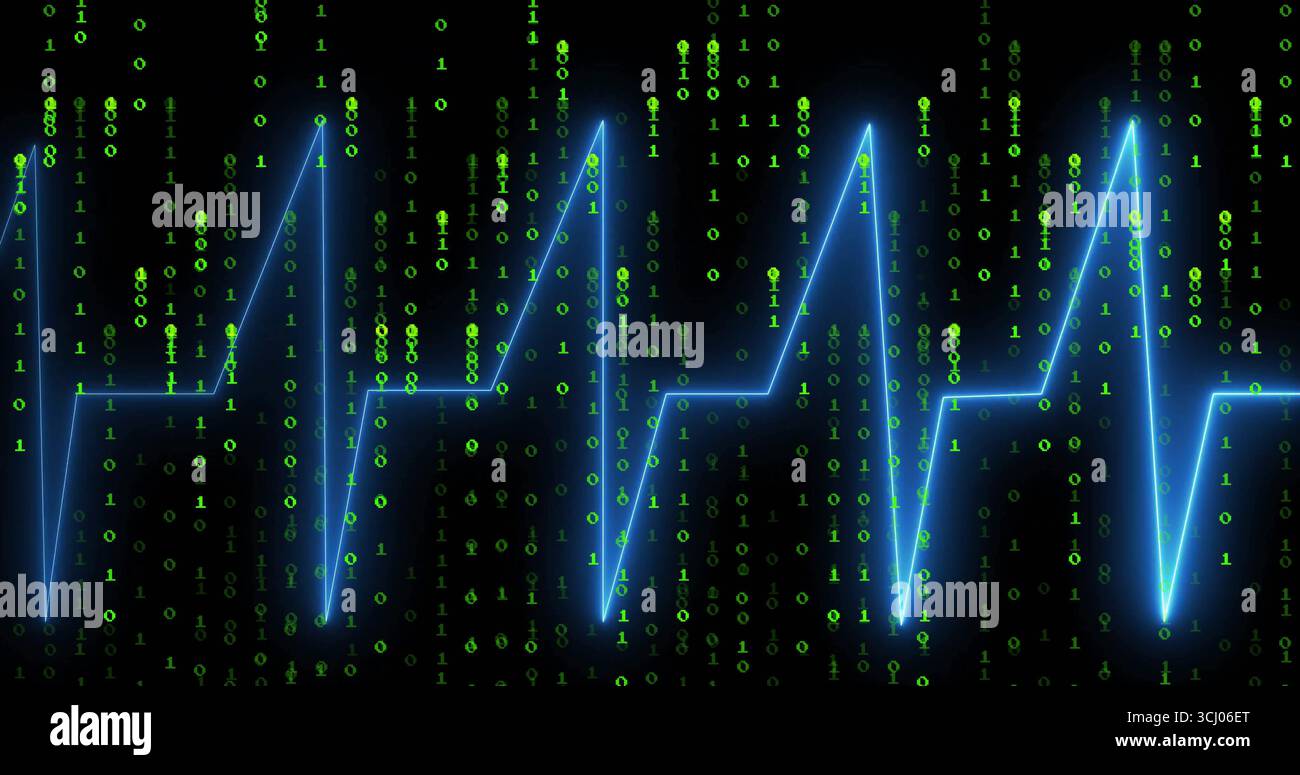 Displaying electric-blue ECG-like waveform coursing through data stream, with green binary streams Stock Photo