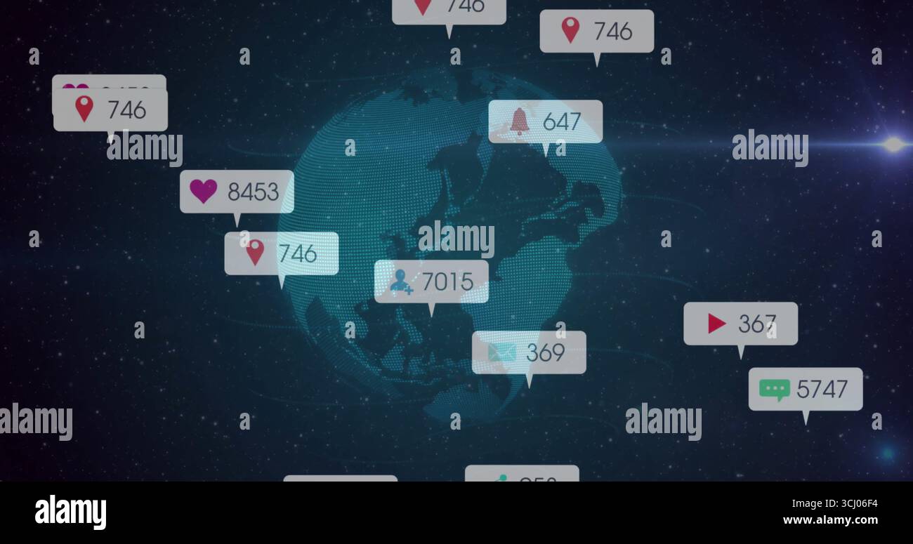 Floating digital globe displaying social media bubbles in outer-space backdrop, with network lines Stock Photo