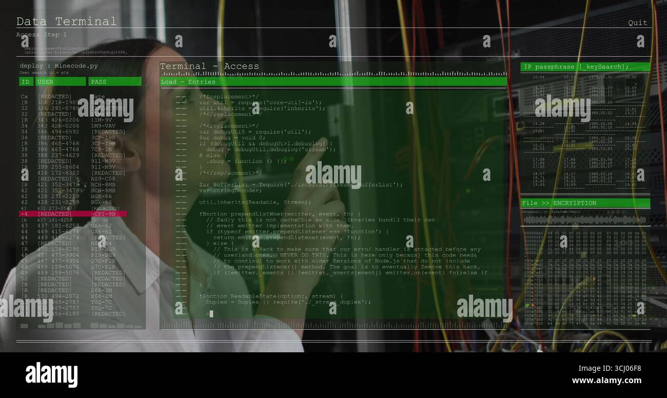 Using smartphone, technician in white shirt analyzing terminal windows by server racks with cables Stock Photo