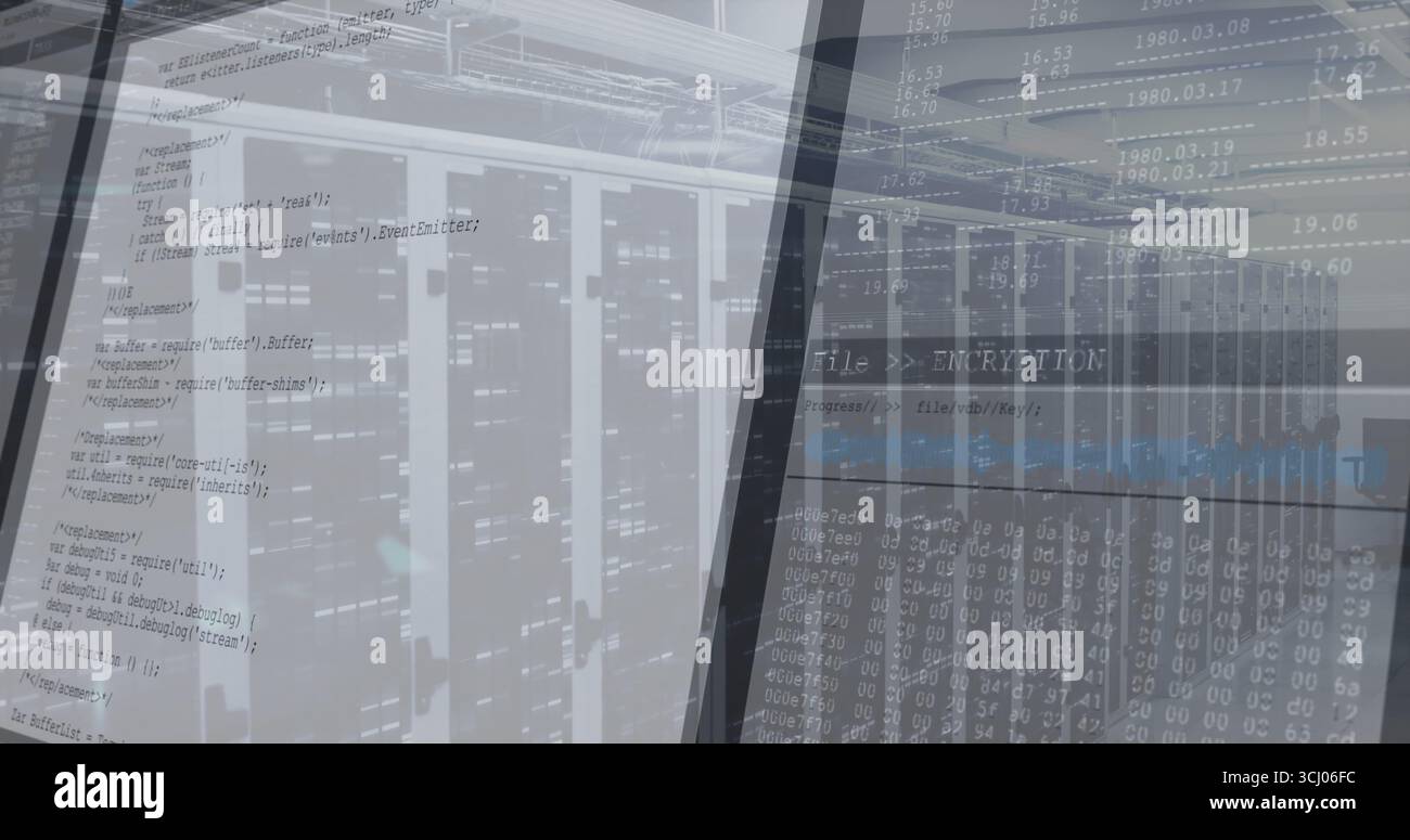 Showcasing server racks with blinking LEDs lining data center corridor, with encryption overlay Stock Photo