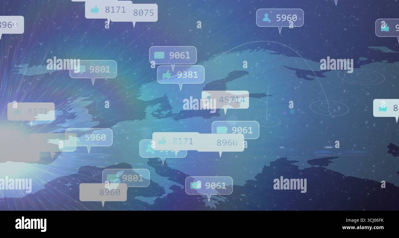 Displaying stylized world map floating in digital network, with social media notification bubbles Stock Photo