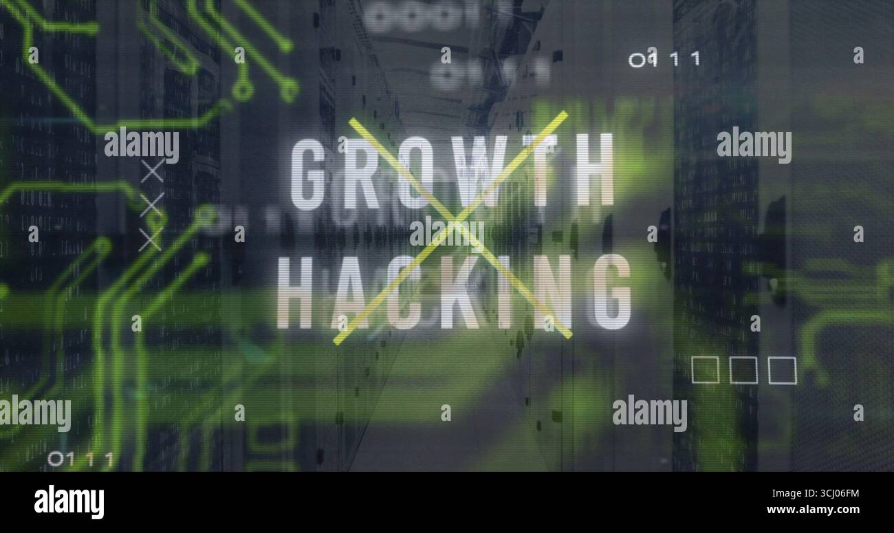 Displaying GROWTH HACKING text intersecting yellow lines inside data center with server racks Stock Photo