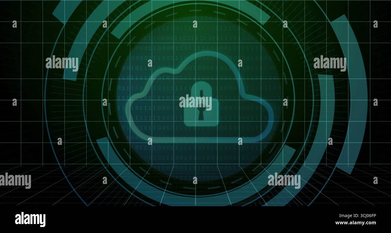 Displaying cloud icon with padlock symbol in grid environment with binary overlay, rings and arcs Stock Photo