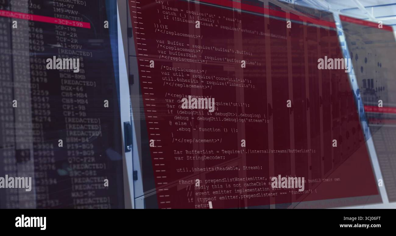 Displaying monitor showing red JavaScript code editor window in server room, with log viewer Stock Photo