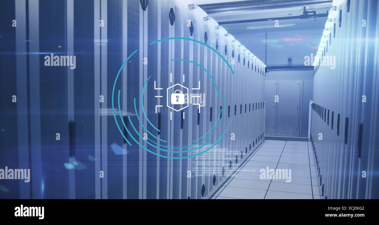 Digital lock icon hovering in data center corridor, with server cabinets, LEDs, cable trays Stock Photo