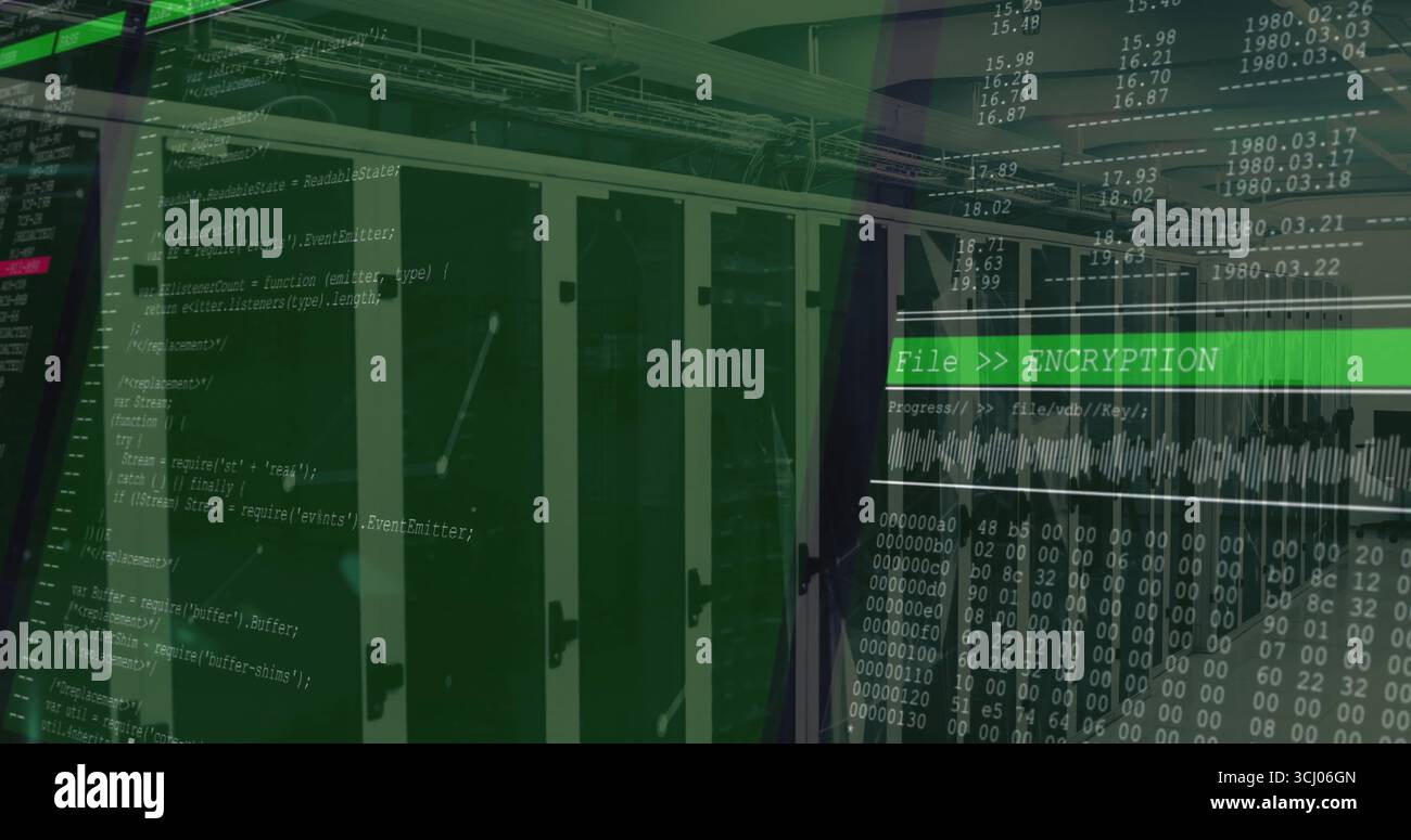 Server racks showing code overlay and waveform in data center, hex dump ...