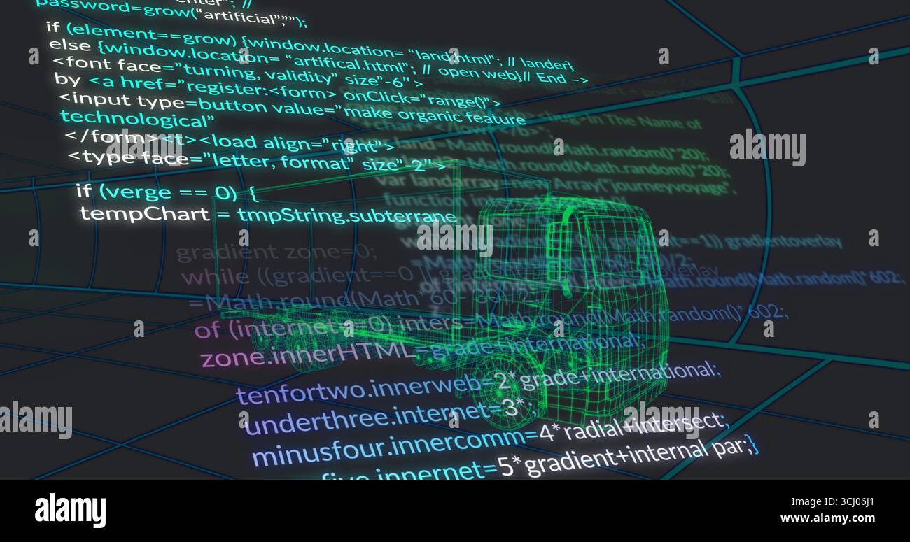 Displaying green wireframe van model floating in simulated 3D wireframe grid, with code snippets Stock Photo