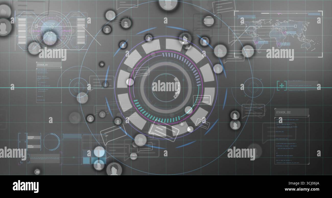 Futuristic HUD interface presenting segmented ring arcs on grey grid, with nodes and world map Stock Photo