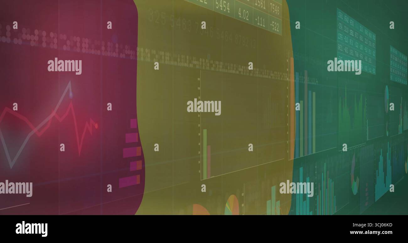 Displaying dashboard on computer screen, with line chart, bar graphs, pie segments and grid lines Stock Photo
