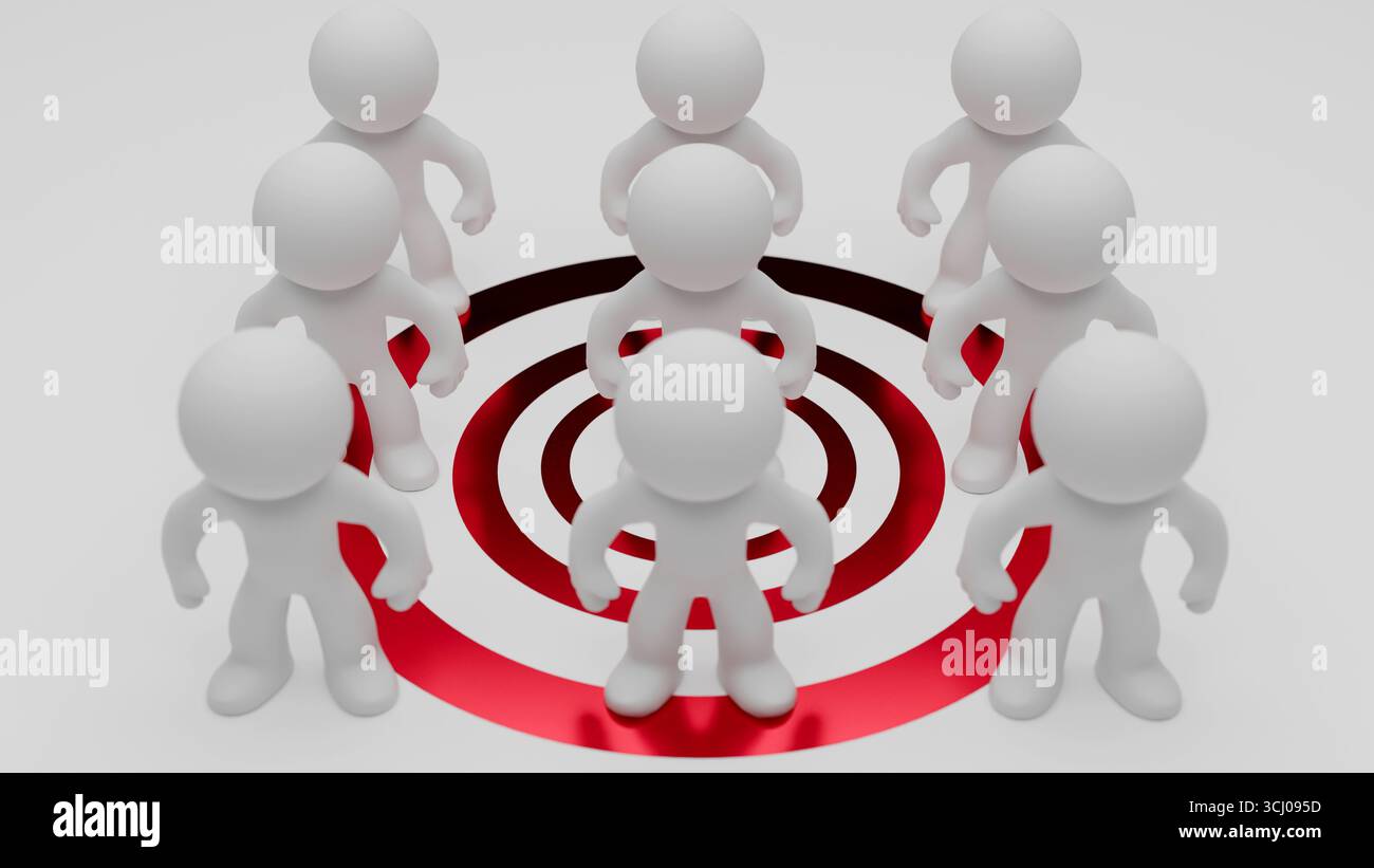 A 3D conceptual render showing humanoid characters gathered around red ...